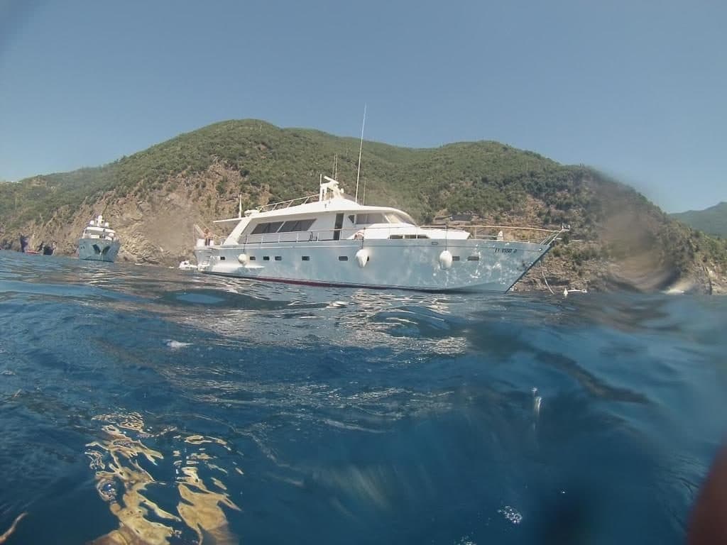 Dea Tuda at anchor, seen from the water